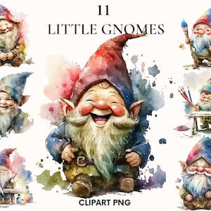 Aquarell süße Gnom Clipart, niedliche kleine Gnom Clipart Bundle, winzige magische Welt, Kinderzimmer Clipart, Papier Handwerk, Scrapbooking, Junk Journal
