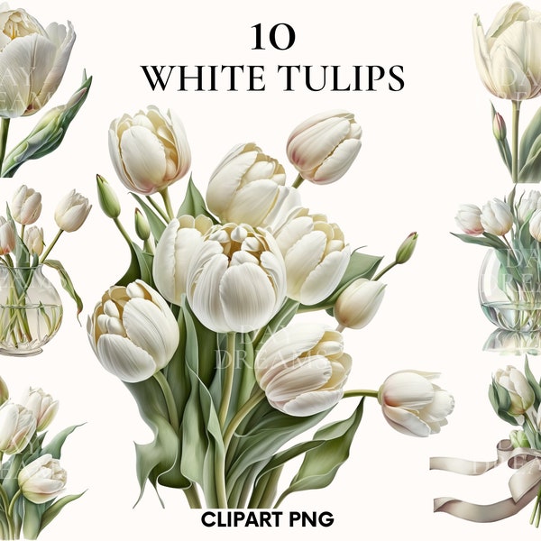 Clipart de tulipes blanches à l'aquarelle, clipart de mariage, bundle de clipart de fleurs, png de tulipe, imprimable, fabrication de cartes, scrapbooking, journal indésirable