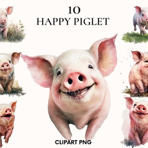 Happy piglet clipart, Farm animal clipart bundle, Farmhouse clipart, Baby pig png, Watercolor piglet, Card making, Paper crafts, Scrapbook