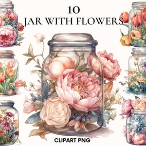 Clipart de pot d'aquarelle, jardin magique, pot de conte de fées avec le paquet de clipart de fleurs, clipart de verdure, album, rose, pivoine, tulipe