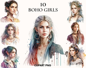 Watercolor boho woman clipart, Flower faces clipart bundle, Beautiful girl model, Boho clipart, Boho girl, Fashion illustration, Paper craft