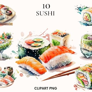 Clipart de sushi em aquarela, pacote de clipart de comida japonesa, clipart delicioso, peixe png, artesanato em papel, álbum de recortes, diário indesejado
