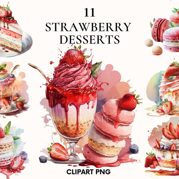 Watercolor strawberry dessert clipart, Strawberry clipart bundle, Strawberry ice cream clipart, Kitchen art, Food illustration, Card making