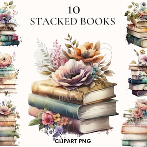 Clipart de livres empilés, livre avec fleurs clipart, bundle clipart conte de fées, amateur de livre aquarelle, Scrapbooking, Rose, pivoine