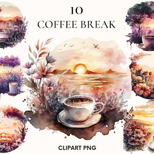 Coffee break clipart, Coffee with beautiful landscape view clipart, Nature landscape, Coffee, Digital download, Printable PNG, Junk Journal