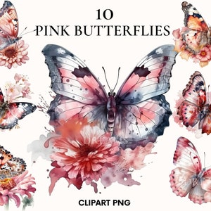 Aquarell Schmetterling Clipart, süße Schmetterling Clipart Bundle, Frühling Motte Clipart, rosa Schmetterling png, Blumen Clipart, Junk Journal
