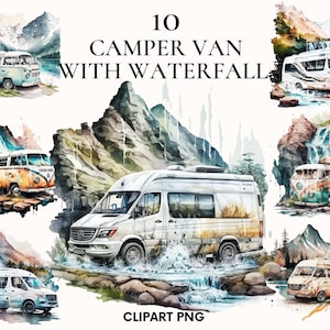 Watercolor camper vans clipart, Camping clipart, Camper, Adventure van clipart, Summer clipart, Waterfall landscape, Printable PNG