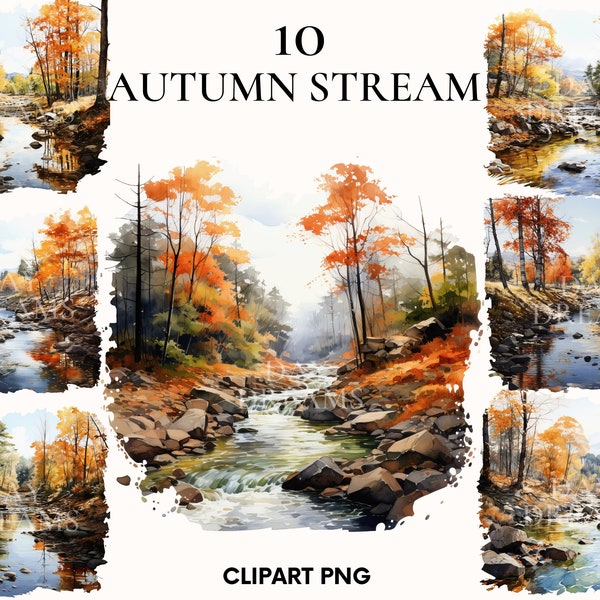 Magical forest landscape clipart, Autumn beautiful landscape bundle, Autumn, Meadow with flowers and stream, Watercolor forest, Fall clipart