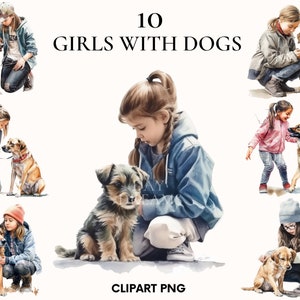Clipart de menina aquarela com cachorro, pacote de clipart de meninas, modelo de menina bonita, clipart de cachorro, clipart Doglover, álbum de recortes, artesanato em papel