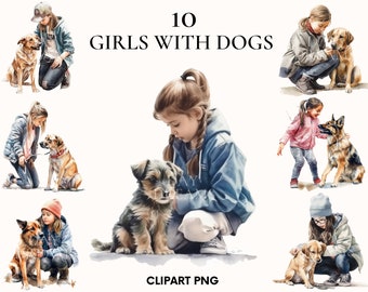 Watercolor girl with dog clipart, Girls clipart bundle, Beautiful girl model, Dog clipart, Doglover clipart, Scrapbook, Paper craft