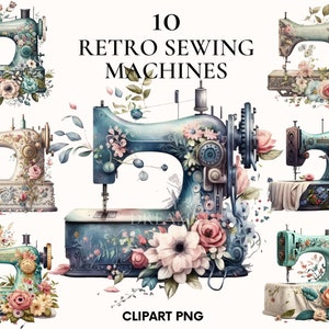 Mariage rétro machine à coudre clipart, clipart couture, bundle clipart rétro, machine à coudre png, clipart vintage, Scrapbook, Rose, pivoine