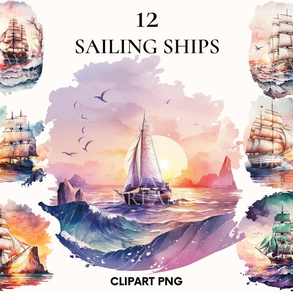 Watercolor sailing ships clipart, Ocean site clipart bundle, Sail boat clipart, Ocean sunset, Printable PNG, Wall art, Home decor, Scrapbook