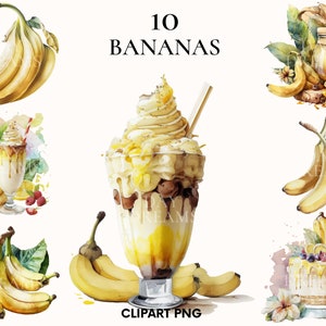 Aquarell Bananen Clipart, Bananen Dessert Clipart Bündel, Eis Clipart, Banane png, Obst Clipart, Obst Illustration, Kartenherstellung