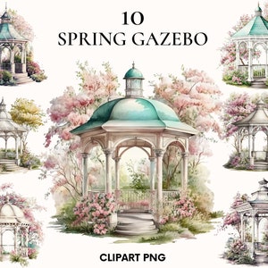 Aquarell Frühling Pavillon Clipart, Garten Clipart Bündel, Feen Garten Pavillon Clipart, Hochzeit Clipart, Scrapbook, Kartenherstellung, Junk Journal