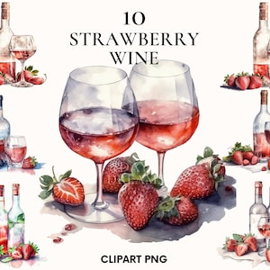 Watercolor wine clipart, Drinks clipart bundle, Summer clipart, Strawberry clipart, Strawberry wine png, Scrapbook, Kitchen Art, Home decor