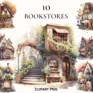 Watercolor bookstore clipart, Cute  book shop clipart bundle, Cozy bookshop clipart, Flower shop, Perfect for card making, Scrapbooking