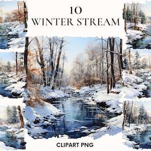Clipart di paesaggi forestali magici, pacchetto di bellissimi paesaggi invernali, inverno, prato con fiori e ruscello, foresta ad acquerello, clipart autunnali