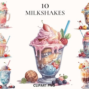 Watercolor milkshake clipart, Dessert ice cream clipart bundle, Cute milkshake clipart, Scrapbooking, Food illustration, Sweet dessert png