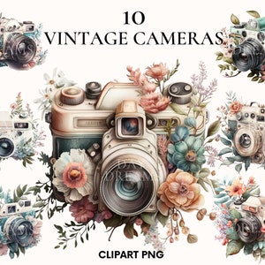 Clipart appareil photo aquarelle, clipart appareil photo vintage, appareil photo de conte de fées avec bundle clipart fleur, clipart photographie, Scrapbook, Rose, pivoine