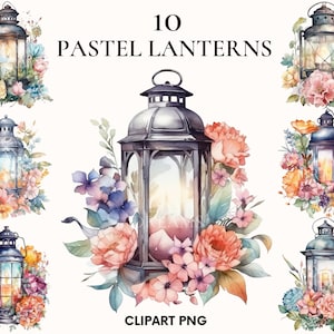 Clipart de lanterne antique d'aquarelle, jardin magique, lanterne de conte de fées avec le paquet de clipart de fleurs, clipart de verdure, album, rose, pivoine