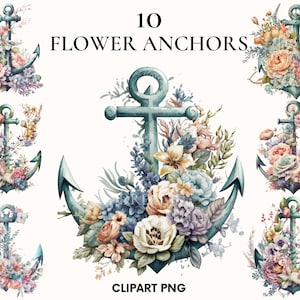 Aquarelle ancres clipart, bundle clipart nautique, clipart océan, mer clipart, Scrapbook, fleurs png, ancre png, fabrication de cartes