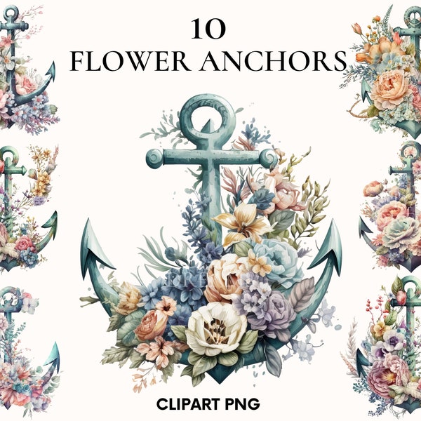 Watercolor anchors clipart, Nautical clipart bundle, Ocean clipart, Sea clipart, Scrapbook, Flowers png, Anchor png, Card making