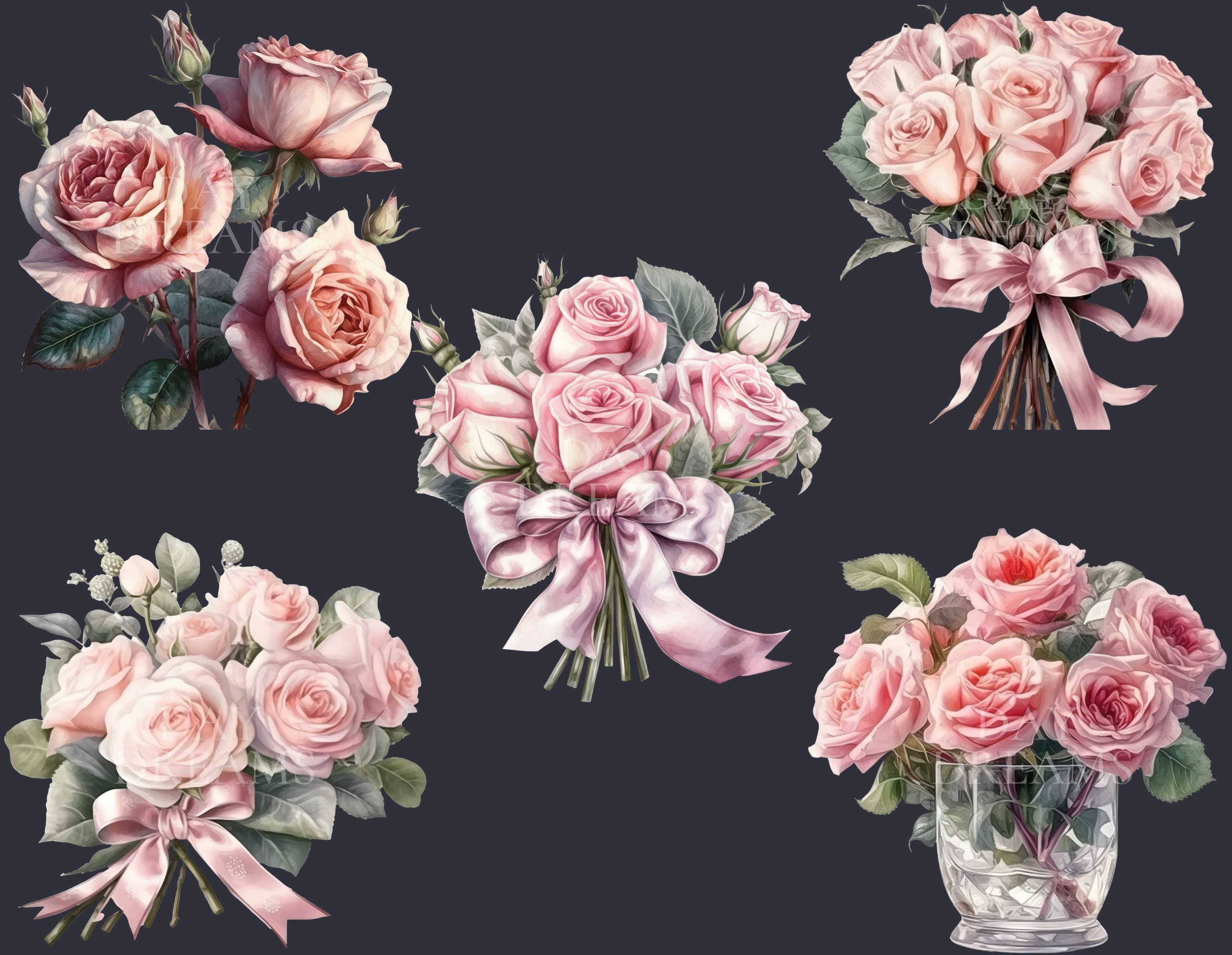 Watercolor Pink Roses Clipart, Wedding Flowers Clipart Bundle, Flower ...
