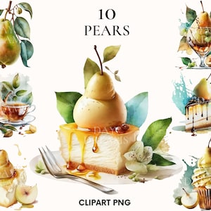 Clipart di pera dell'acquerello, bundle di clipart estive, clipart di gelato carino, png di pera, Scrapbooking, illustrazione di cibo, png di dessert dolce