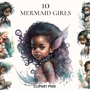 Watercolor mermaid girls clipart, African american girl clipart bundle, Beautiful girl model, Mermaid clipart, Fairy tale clipart, Scrapbook