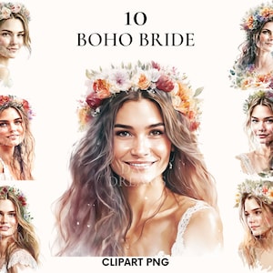 Imágenes prediseñadas de mujer boho de acuarela, paquete de imágenes prediseñadas de boda, imágenes prediseñadas de novia, imágenes prediseñadas Boho, chica Boho, ilustración de moda, arte de papel