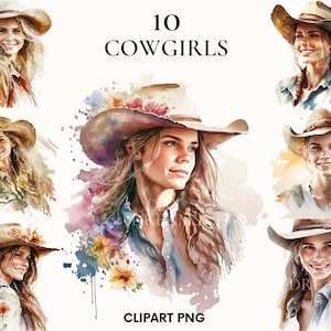 Clipart de cow-girl aquarelle, bundle de clipart de visages de fleurs, modèle de fille, clipart de ferme, clipart de campagne, Western, artisanat en papier, Scrapbook