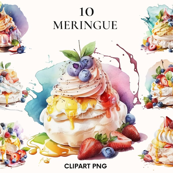 Watercolor meringue dessert clipart, Summer clipart bundle, Pavlova meringue clipart, Kitchen clipart, Wall art, Scrapbooking, Card making