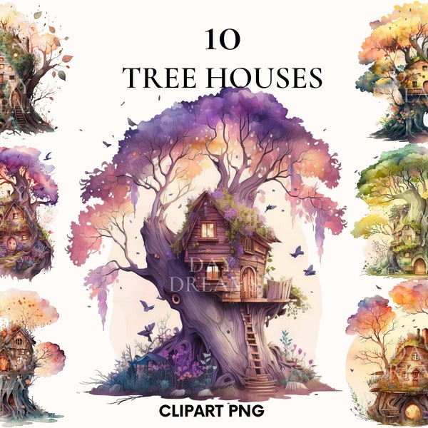 Watercolor tree houses clipart, Sweet tiny house clipart bundle, Fairy garden clipart, Magic scene, Jounk journal, Scrapbooking, Paper craft