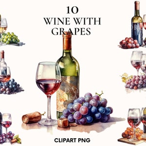 Watercolor wine clipart, Drinks clipart bundle, Summer clipart, Grapes clipart, Grapes wine png, Scrapbook, Kitchen Art, Home decor