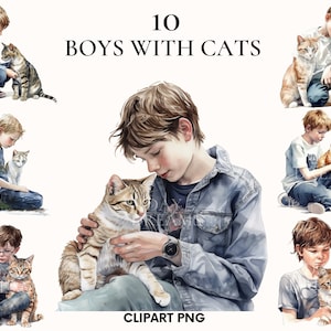 Watercolor boy with cat clipart, Boys clipart bundle, Beautiful boy model, Cat clipart, Catlover clipart, Scrapbook, Paper craft