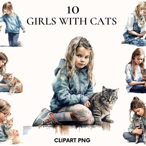 Menina aquarela com clipart de gato, pacote de clipart de meninas, modelo de menina bonita, clipart de gato, clipart Catlover, álbum de recortes, artesanato em papel