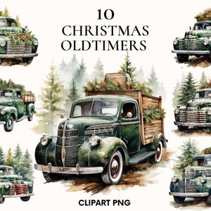 Vrachtwagen met bomen clipart, Old timer vrachtwagen clipart, aquarel vrachtwagen, avontuur clipart, kerst clipart, winter clipart, ouderwetse vrachtwagen