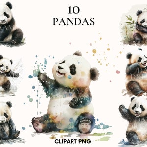Clipart de panda feliz em aquarela, pacote de clipart de panda fofo, clipart de animais selvagens, panda bebê png, artesanato em papel, diário indesejado, álbum de recortes
