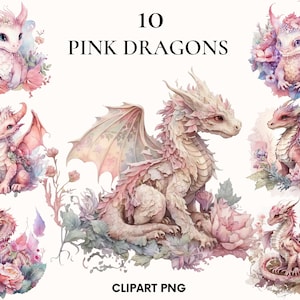 Baby dragon clipart, Fairy tale clipart bundle, Beautiful fantasy animal clipart, Cute watercolor dragon, Pink dragon, Card making