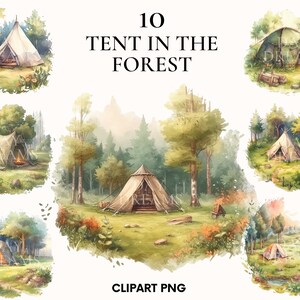 Watercolor tent in forest clipart, Camping clipart, Adventure clipart, Forest cliprat, Summer clipart, Wall Art, Home Decor, Paper crafts