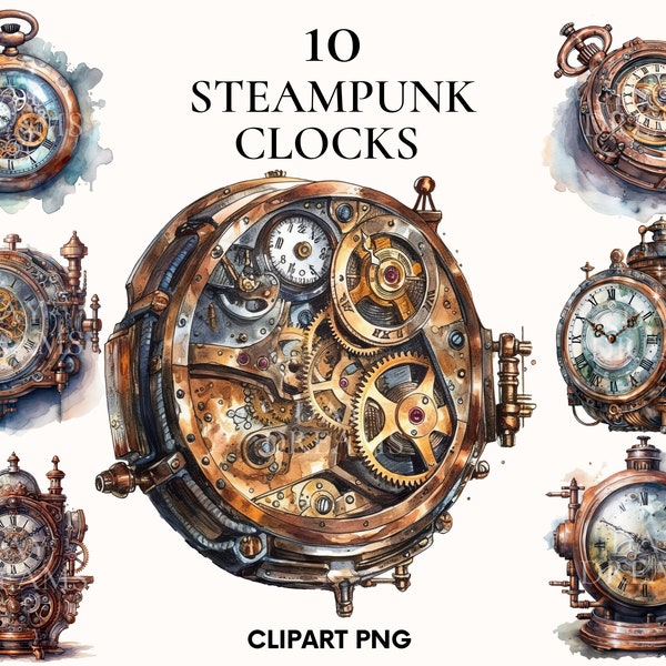 Watercolor clock clipart, Vintage clock clipart, Steampunk clock with flower clipart bundle, Retro clock clipart, Scrapbook, Junk journal