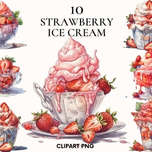 Clipart de crème glacée aux fraises aquarelle, paquet de clipart illustration de nourriture, dessert sucré clipart, png de crème glacée, Scrapbooking, fabrication de cartes