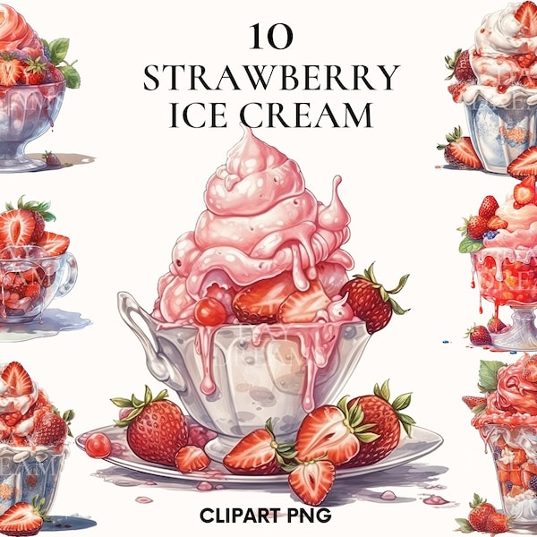 Watercolor strawberry ice cream clipart, Food illustration clipart bundle, Sweet dessert clipart, Ice cream png, Scrapbooking, Card making