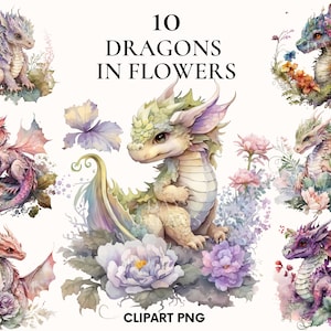Watercolor baby dragon clipart, Fairy tale clipart bundle, Beautiful fantasy animal clipart, Cute dragon in flowers, Card making