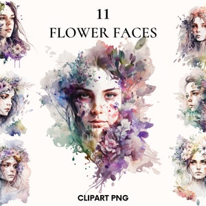 Aquarell Frau Clipart, Blumen Gesichter Clipart Bundle, schönes Mädchen Modell, Königin Clipart, Märchen Clipart, Feenwelt png, Papier Handwerk