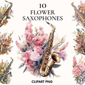 Clipart saxophone, jardin magique, paquet de cliparts saxophone avec fleurs, clipart verdure, album, clipart musique, instrument png thumbnail