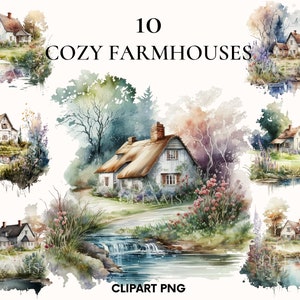 Acquerello accogliente casa colonica clipart, Pacchetto clipart bellissimo paesaggio primaverile, Giardino magico, Piccola casa nel prato, Creazione di carte
