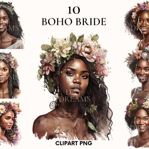 Acuarela boho mujer clipart, paquete de imágenes prediseñadas de boda, imágenes prediseñadas de novia, imágenes prediseñadas Boho, chica Boho, imágenes prediseñadas de niña afroamericana