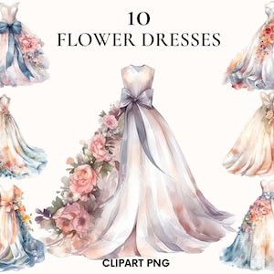 Imágenes prediseñadas de vestido de novia de acuarela, imágenes prediseñadas de vestido de princesa, paquete de imágenes prediseñadas de vestido de flores, imágenes prediseñadas de boda, álbum de recortes, rosa, peonía