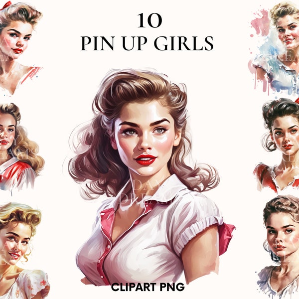 Pin up girl clipart, Flower faces clipart bundle, Beautiful girl model, Retro clipart, Fashion illustration, Paper craft, Scrapbooking